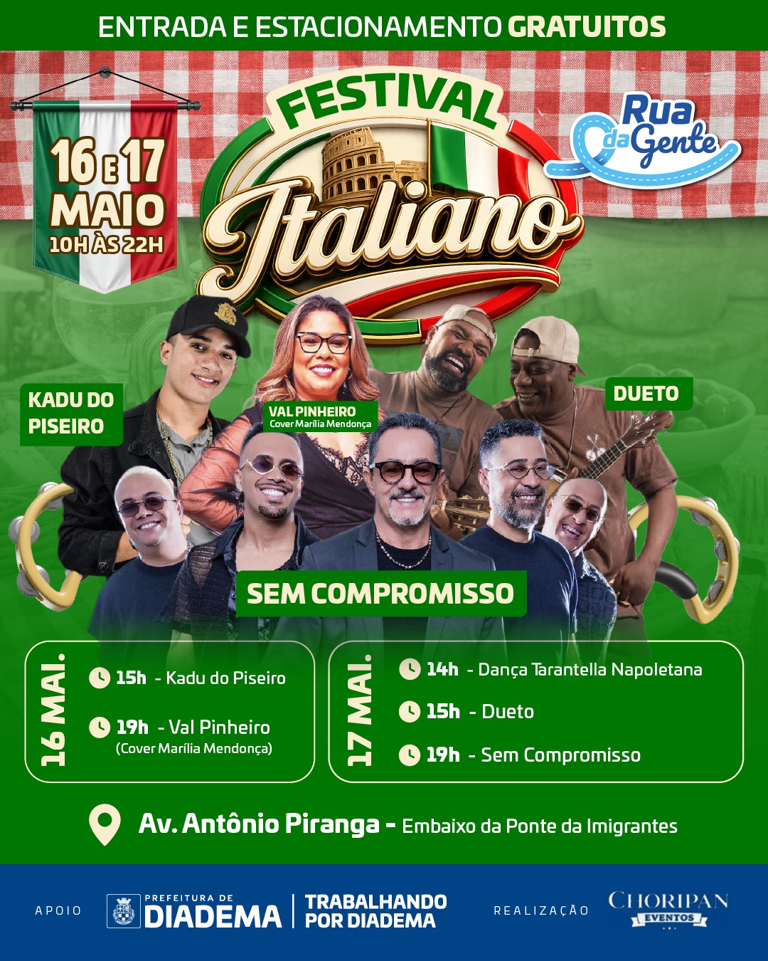 Diadema recebe Festival Italiano com gastronomia, música e lazer gratuito neste fim de semana